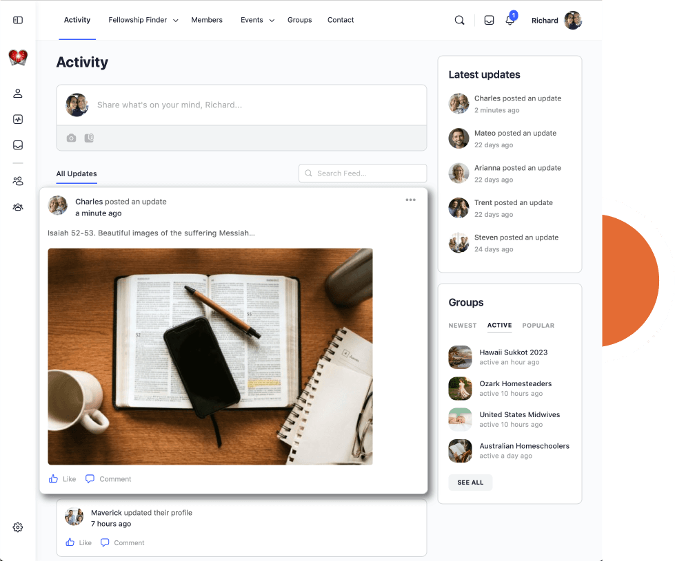 Activity feed showing user uploading photo, recent group icons on left and user updates below.