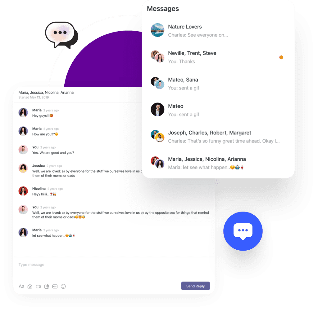 Messages between individuals and groups with a message icon in background
