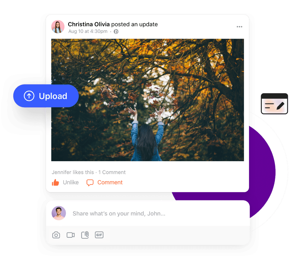 A photo has been shared with a comment underneath with a blue upload button on the side