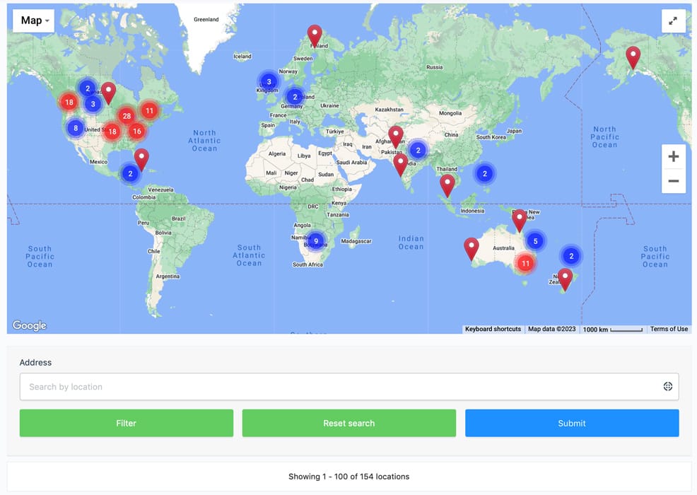 Fellowship finder with map and search bar below with four results above map